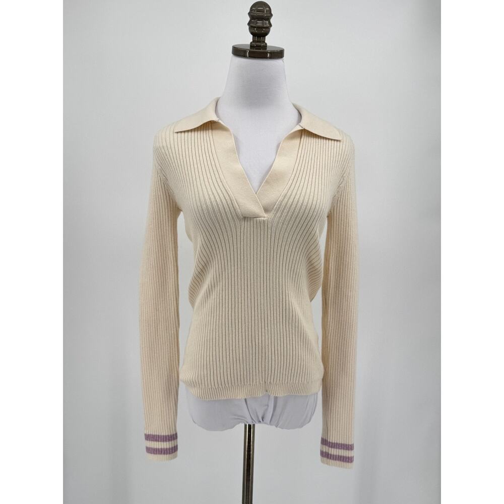 Faherty Shiloh Cream Retro Stripe Cotton Cashmere Ribbed Polo Sweater Sz S NEW